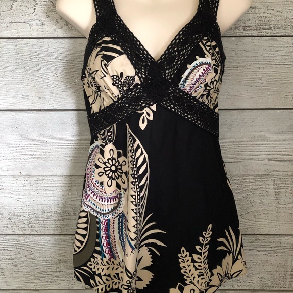 Bandolino Taupe and Black Cotton Floral V Neck Crochet Trim Lined Size 6 - Picture 2 of 6